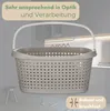 A laundry basket with a woven texture is shown in a room setting, with text overlays highlighting its features. Produktbild-Vorschau