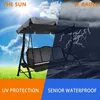 A garden swing chair is shown in two contrasting environments: sunny with a rainbow and stormy with lightning. Text highlights UV protection and waterproof features. Produktbild-Vorschau