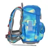Side view of a blue and teal patterned backpack against a white background. Náhled obrázku produktu