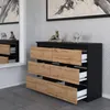 A modern dresser with six drawers, some of which are open, is displayed in a room with a mirror and artwork on the wall. Produktbild-Vorschau