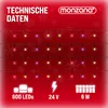 Marketing image showing technical data for a string of lights, with snowflakes in the background. Anteprima dell’immagine prodotto
