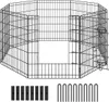 A black metal pet playpen is shown on a white background. The playpen is octagonal and has a gate with two latches. Below the playpen are accessories for assembly, including stakes and connectors. Produktbild-Vorschau