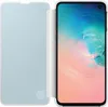 A white book-style phone case is open, revealing a smartphone screen displaying a colorful wallpaper. The case is on the left, and the phone is on the right. Náhled obrázku produktu