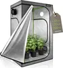 A grow tent with plants inside, with a tag showing dimensions. Produktbild-Vorschau