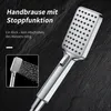 A close-up marketing image of a modern chrome hand shower with a stop function, set against a dark, textured background. A smaller inset image shows the showerhead in action. Podgląd zdjęcia produktu