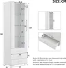 A diagram showing the dimensions of a white cabinet with drawers and glass shelves. Produktbild-Vorschau