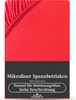A red fitted sheet is shown, with text overlay describing its features. Produktbild-Vorschau