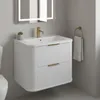 A modern bathroom vanity with a sink and faucet, a mirror, and a towel rack. Produktbild-Vorschau