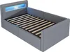 A grey upholstered bed frame with a slatted base and a blue LED light strip in the headboard. Produktbild-Vorschau