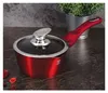 A red pot with a glass lid and a silver handle sits on a dark countertop next to a potted plant. Náhled obrázku produktu