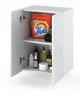 A white cabinet with two open doors, revealing shelves stocked with various bathroom products and a bag of laundry detergent. Voir les images du produit
