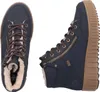 A pair of navy blue women's boots with cream-colored lining and brown laces, shown from a top-down view and a side view. Voir les images du produit