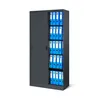 A dark gray metal filing cabinet with its door open, revealing multiple shelves filled with blue and white binders. Produktbild-Vorschau
