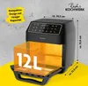 A black air fryer with dimensions and capacity highlighted. The background is a textured gray wall and a yellow surface. Produktbild-Vorschau