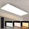 A rectangular LED panel light mounted on a ceiling, with a remote control and three smaller inset images showing different light color temperatures. Anteprima dell’immagine prodotto