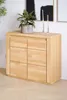 A wooden dresser with six drawers and two doors, decorated with a potted plant and two glass decorative items. Produktbild-Vorschau