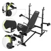 A black multi-functional training bench with various attachments and highlighted features. Produktbild-Vorschau