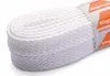 A close-up, coiled white shoelace with a branded paper band around it. Produktbild-Vorschau