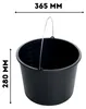 A black bucket with measurement markings inside and a metal handle, shown against a white background with dimension lines and text indicating its size. Náhľad obrázku produktu