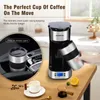 A coffee maker and travel mug are shown on a wooden table with some coffee beans and fruit. A car interior is visible in a circular inset. Produktbild-Vorschau