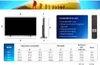 A marketing image showing a television, its dimensions, box contents, and a remote control, with a scenic background image at the top. Produktbild-Vorschau