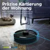 A robotic vacuum cleaner is shown on a carpeted floor, with a cat in the background. Lines and a grid overlay suggest mapping and navigation. Produktbild-Vorschau