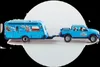 A blue toy pick-up truck towing a blue toy caravan. Produktbild-Vorschau