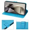 A collage showing a blue flip case for a smartphone, with close-up views of the case's closure and texture. Produktbild-Vorschau