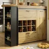 A modern kitchen island with a wood finish, featuring wine storage, drawers, and open shelving. Produktbild-Vorschau