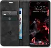 A flip-style phone case with a smartphone inside, displaying the lock screen. The case has slots for cards and cash. Produktbild-Vorschau