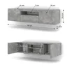 Two views of a gray, stone-effect lowboard TV stand with dimensions indicated. Náhled obrázku produktu