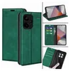 A collage of images showing a green flip phone case with card slots, a phone inside the case, and the case being opened. Produktbild-Vorschau