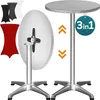 A product image showing a round bar table with a silver top and base, along with three different colored table covers (red, black, and white). The table is shown in both upright and folded positions, with arrows indicating height adjustment. A '3in1' graph Produktbild-Vorschau