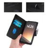 A hand holding a smartphone in a wallet-style case, with close-up insets of the case material. Produktbild-Vorschau