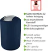 A dark blue trash can with a silver lid is shown next to a list of its features in German and English. Anteprima dell’immagine prodotto