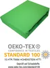 A green fitted sheet is shown from a slightly elevated angle, with the OEKO-TEX certification logo and text below. Produktbild-Vorschau