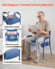 A man is sitting on a commode chair and reading a newspaper. The image also contains close-up shots of the chair's features. Produktbild-Vorschau