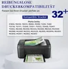 A printer with paper coming out, and a graphic overlay listing compatible printer models. Produktbild-Vorschau
