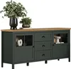 A dark green sideboard with a wooden top, decorated with two potted plants and a vase. Podgląd zdjęcia produktu