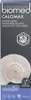A product box for BIOMED CALCIMAX toothpaste, featuring a close-up of a seashell and various certifications. Produktbild-Vorschau