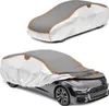 Two views of a car cover, one fully covering a car and one partially covering a car. Produktbild-Vorschau