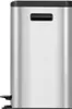 A product shot of a stainless steel trash can with a black lid and pedal. Voir les images du produit