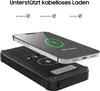 A smartphone is shown being placed on a black power bank, with text indicating wireless charging compatibility. Produktbild-Vorschau