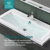 A close-up view of a white rectangular sink filled with water, with a chrome faucet and drain visible. Text overlays highlight features. Produktbild-Vorschau