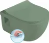 A green matte wall-mounted toilet with a closed lid. A circular inset shows a hand demonstrating a feature. Náhled obrázku produktu