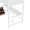 A close-up view of the lower section of a white metal bunk bed frame, showing a desk surface and three drawers with a wood-grain finish. Podgląd zdjęcia produktu