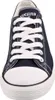 A close-up front view of a navy blue canvas sneaker with white laces. Produktbild-Vorschau