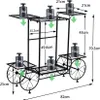 A black metal plant stand with a wheel design, featuring dimensions and weight capacities indicated by text and arrows. Produktbild-Vorschau