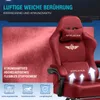 A collage advertising a red gaming chair, featuring close-ups of the fabric and various feature icons. Voir les images du produit