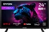 A DYON Movie Smart 24 VX TV is displayed with a graphic of a jaguar and various streaming service logos. Produktbild-Vorschau